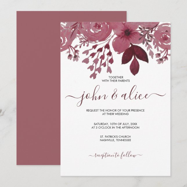 Convite Casamento Floral de Watercolor Burgundy (Frente/Verso)