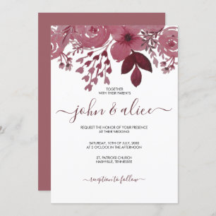 Convite Casamento Floral de Watercolor Burgundy