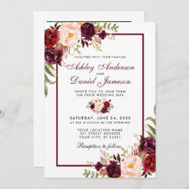Convite Casamento Floral de Watercolor Burgundy