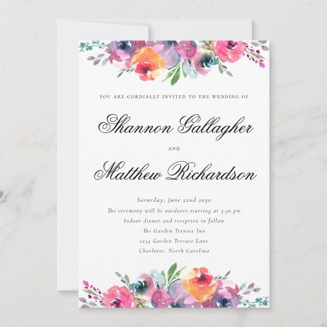 Convite Casamento Floral de Watercolor de Script Elegante (Frente)