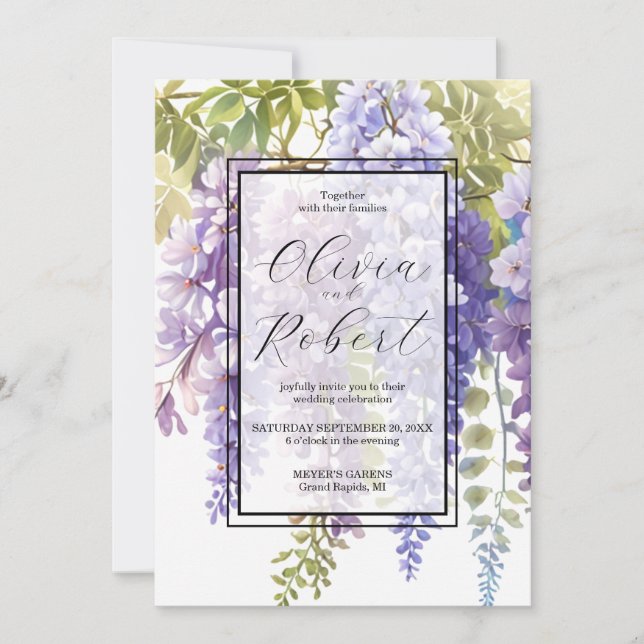 Convite Casamento floral de wisteria de aquarela púrpura E (Frente)