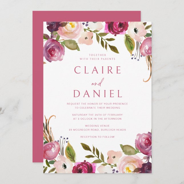 Convite Casamento Floral de Wreath com Aquarelas Rosa Vibr (Frente/Verso)