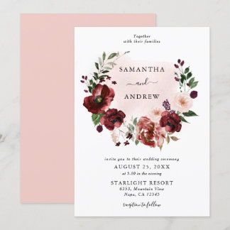 Convite Casamento Floral de Wreath Elegante Blush Burgundy