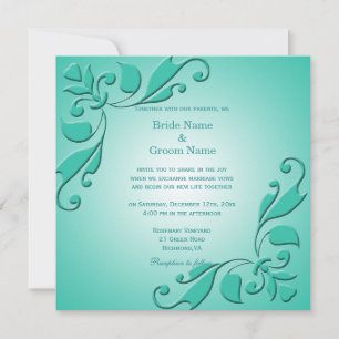 Convite Casamento floral decorativo azul-turquesa elegante
