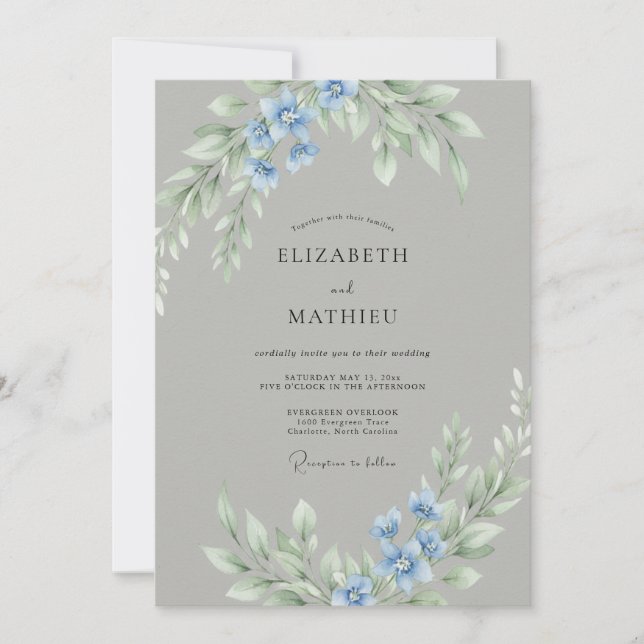 Convite Casamento Floral Delicado Azul (Frente)