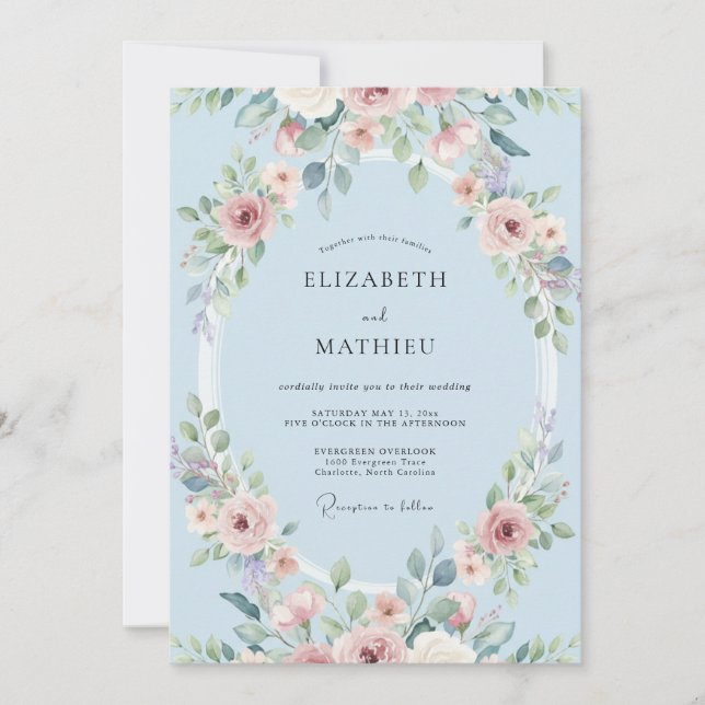 Convite Casamento Floral Delicado Azul Céu (Frente)