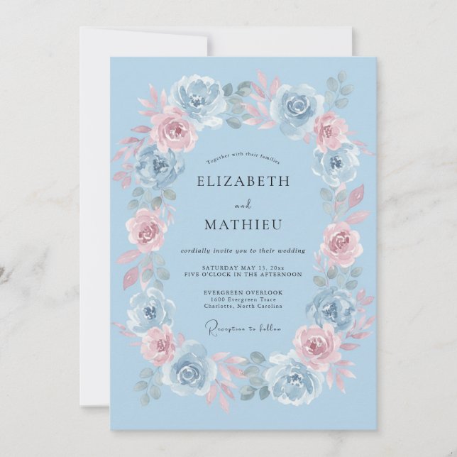 Convite Casamento Floral Delicado Azul Claro (Frente)