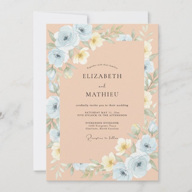 Convite Casamento Floral Delicado Azul Claro (Frente)