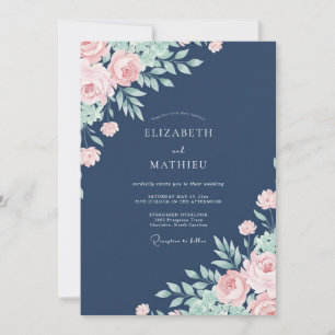 Convite Casamento Floral Delicado Azul Marinho