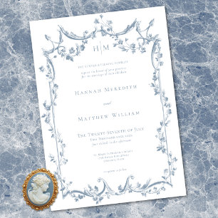 Convite Casamento Floral Delicado Azul Poeirento Clássico 