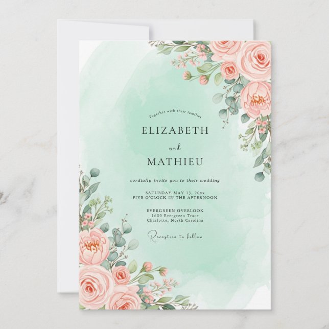 Convite Casamento Floral Delicado de Pêssego (Frente)
