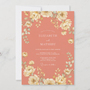 Convite Casamento Floral Delicado e Florido de Pêssego