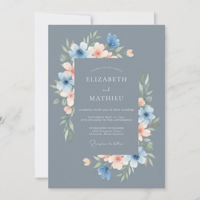 Convite Casamento Floral Delicado em Azul Aço (Frente)