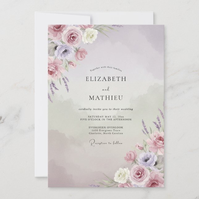 Convite Casamento Floral Delicado Malva (Frente)