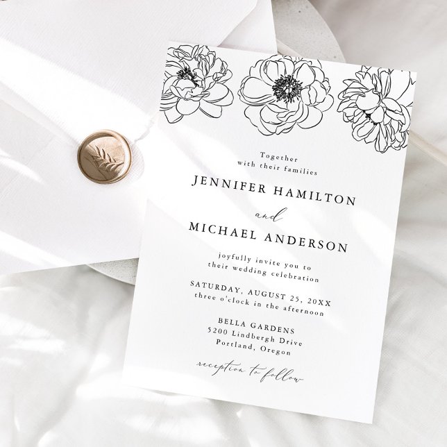 Convite Casamento Floral Delicado Preto e Branco (Criador carregado)