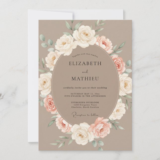 Convite Casamento Floral Delicado Romance Bege (Frente)