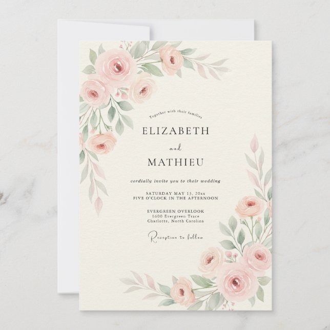 Convite Casamento Floral Delicado Rosa Pálido (Frente)