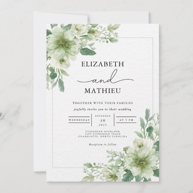 Convite Casamento Floral Delicado Sage Green (Frente)