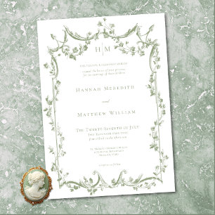 Convite Casamento Floral Delicado Verde Sage Clássico Eleg