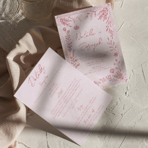 Convite Casamento Floral Desenhado à Mão Retro Tudo em Um