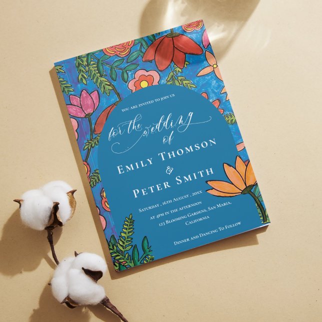 Convite Casamento Floral Desenhado De Mão Azul Laranja Bri (Bright Blue Orange Hand Drawn Floral Wedding Invitation)