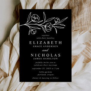 Convite Casamento Floral Desenhado em Preto e Branco