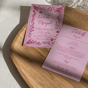 Convite Casamento Floral Desenhado Framboesa Rosa Tudo Em