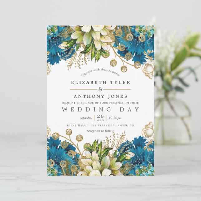 Convite Casamento Floral Desgastado em Turquesa e Dourado  (Em pé/Frente)