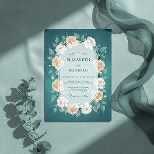 Convite Casamento Floral Deslumbrante Azul-Verde
