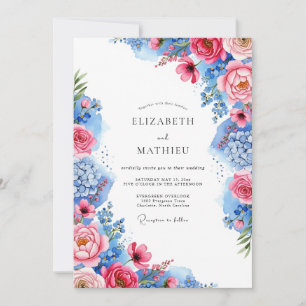 Convite Casamento Floral Deslumbrante Rosa Cobalto Azul