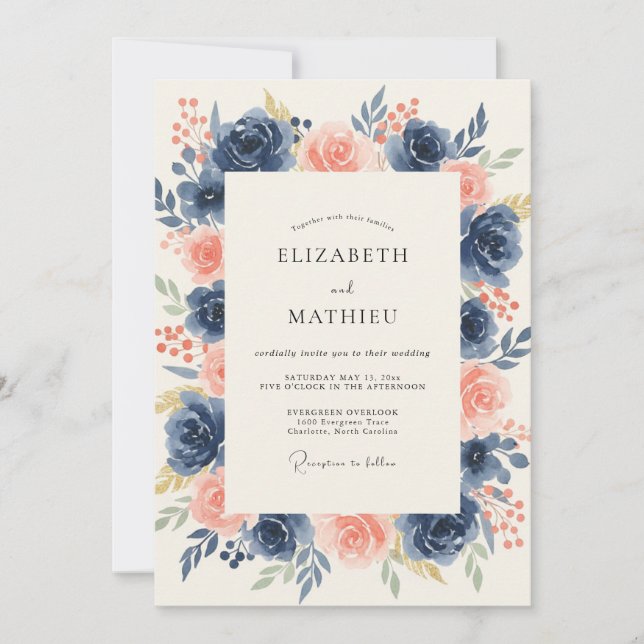 Convite Casamento Floral Distinto Azul Naval (Frente)