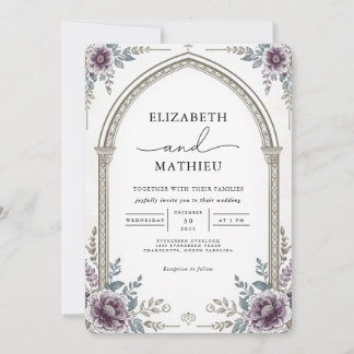 Convite Casamento Floral do Arco Botânico Roxo Elegante