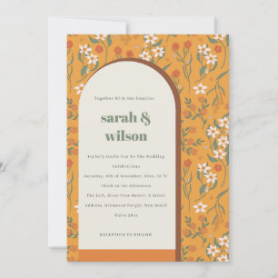 Convite Casamento Floral do Arco Retro Laranja Amarelo