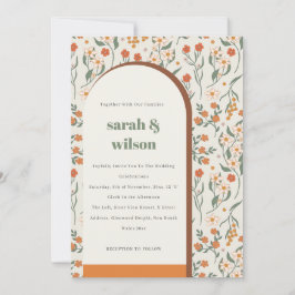 Convite Casamento Floral do Arco Retro Laranja Amarelo