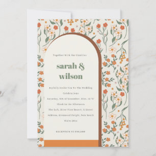 Convite Casamento Floral do Arco Retro Laranja Amarelo
