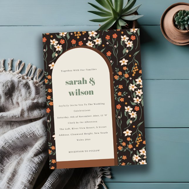 Convite Casamento Floral Do Arco Retroral Laranja Escuro (Criador carregado)