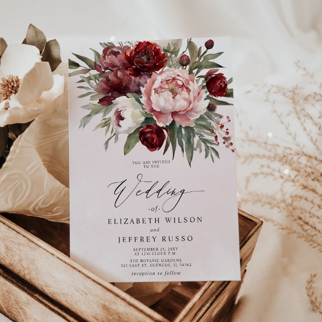 Convite Casamento Floral do Boho Burgundy (Elegant Boho Burgundy Blush Floral Wedding Invitation)