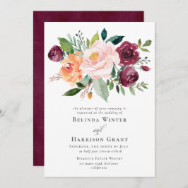 Convite Casamento Floral do Buquê Blush de Charm Burgundy 