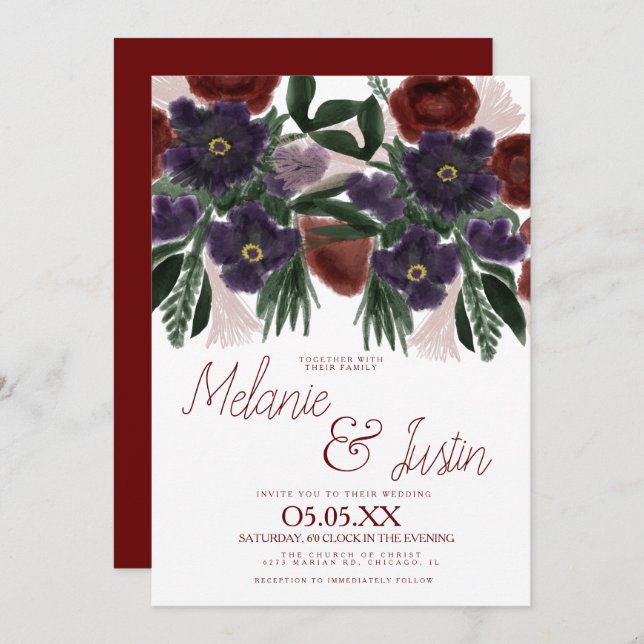 Convite Casamento Floral do Buquê Burgundy Bold Watercolor (Frente/Verso)