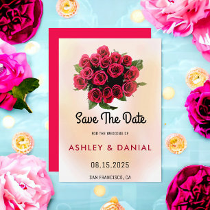 Convite Casamento floral do buquê Rosa vermelha Salvar a D
