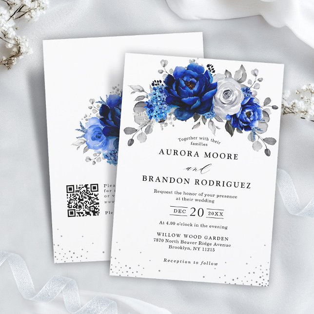Convite Casamento Floral do Código QR de Prata Branca Real (Royal Blue White Silver QR Code Floral Wedding Invitation)