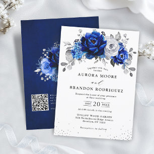 Convite Casamento Floral do Código QR de Prata Branca Real