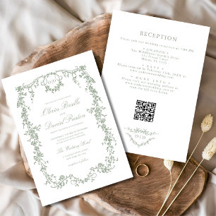 Convite Casamento Floral do Código QR Verde do Victorian S