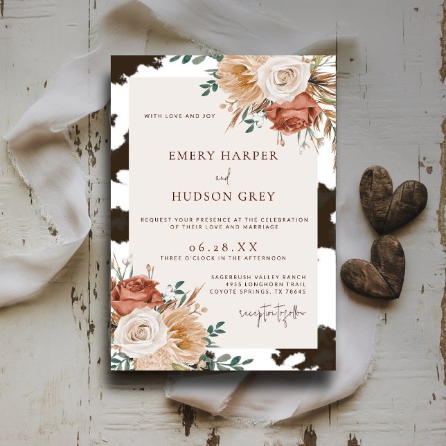 Convite Casamento Floral do Cowhide Country Western Cowboy (western wedding invitation cowhide boho floral ranch country barn terracotta rust watercolor)