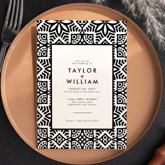 Convite Casamento Floral do Folk Branco Negro Moderno (Criador carregado)