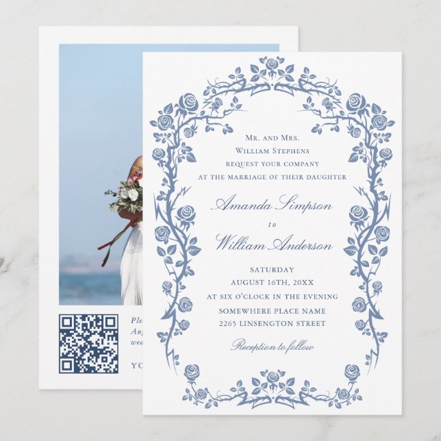 Convite Casamento Floral do Jardim Azul do Elegante Barroc (Frente/Verso)