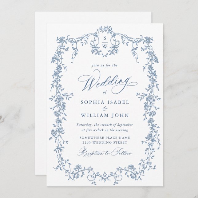 Convite Casamento Floral do Jardim Azul do Elegante Barroc (Frente/Verso)