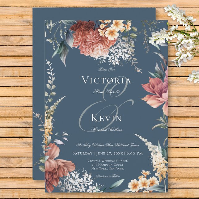 Convite Casamento Floral do Jardim Azul Romântico Moderno (Modern Romantic Blue Garden Floral Wedding Invitation)