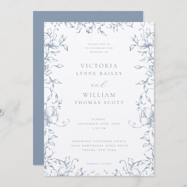 Convite Casamento Floral do Jardim Botânico de Azul Dusty (Frente/Verso)