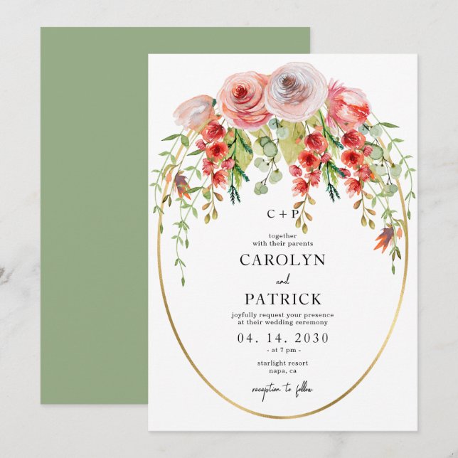 Convite Casamento Floral do Jardim de Frame Oval Dourado E (Frente/Verso)